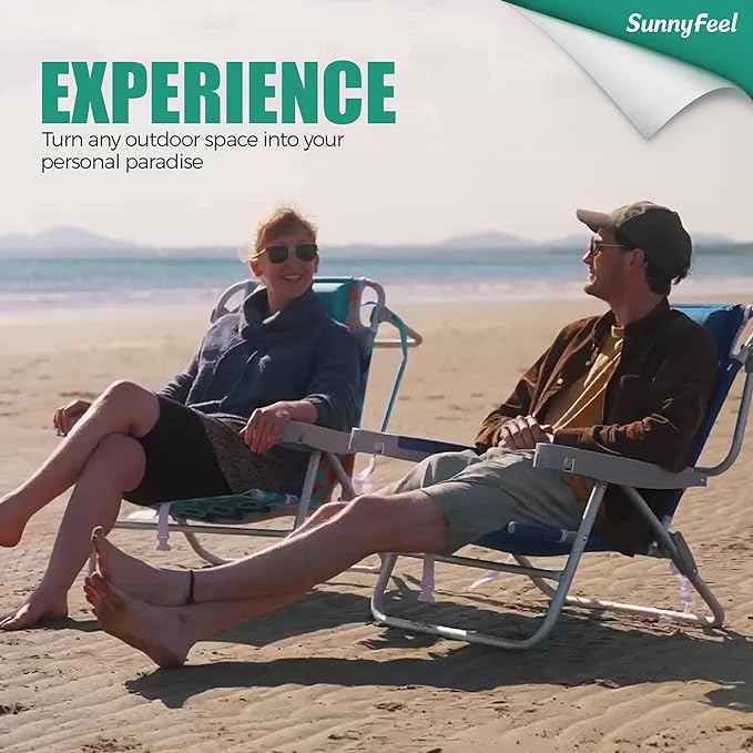 SUNNYFEEL Extra Wide 28" Low Beach Chair 5 Position Lay Flat, XL Oversized Portable Folding Camping Chairs with Cup Holder for Outdoor/Trip, Lightweight Foldable Backpack Beach Chair for Adults