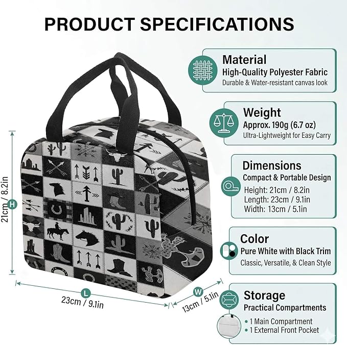Western Retro Denim Insulated Lunch Bag Bear Deer Bird Nature Landscape Cactus Thermal Tote Portable Size (04)