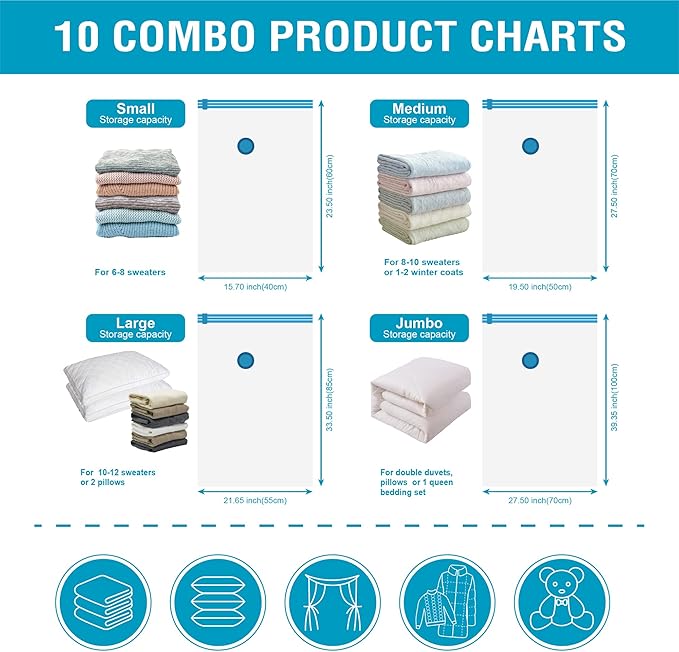 Cozy Essential Vacuum Storage Bags, Compression Space Saver Bags for Clothes, Comforters, Blankets, Pillow, Bedding, Sealer Clothing Storage,10 Combo