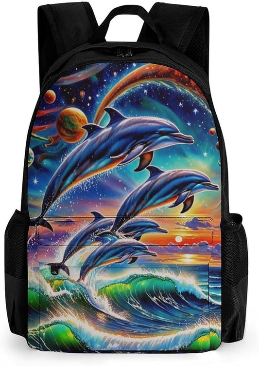Men Women Lightweight Dolphin Mural Fantastic Universal Dolphins Daypack Bookbag Big Capacity Carry On Bag With Side Pockets for Camping Travel Bicycle