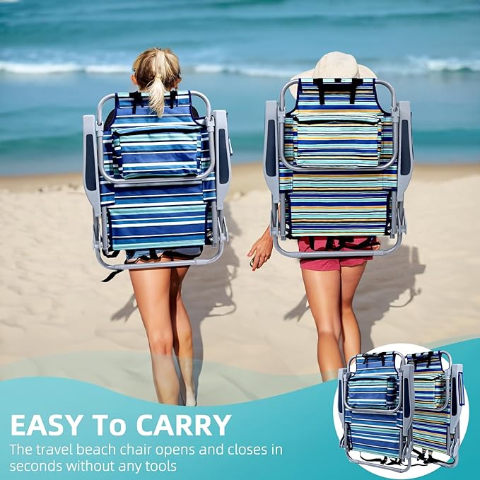 Backpack Beach Chair for Adults, Folding Beach Chair with 4 Positions, Heavy Duty Chair with Large Cooler Pouch Support to 350LBS (Stripes_Blue&Cyan&Yellow)