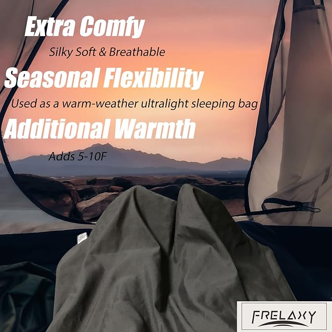 Frelaxy Sleeping Bag Liner, XL Travel Sheet & Camping Sheet for Backpacking, Hotel, Hostels & Traveling, Comfy & Easy Care, Full-Length Zipper/No Zipper, 4 Seasons Warm Cold Weather