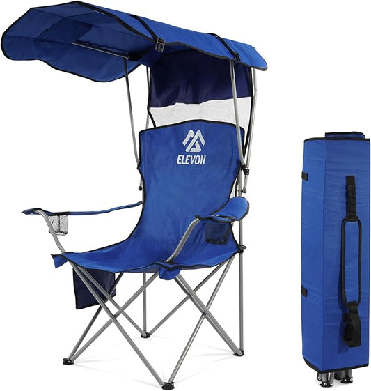 Elevon Camping Chair, Oversized Folding Chair with Canopy, Portable Outdoor Chair with Arms, Cup Holder and Carry Bag for Camping, Fishing, Beach, and Sports, Sky Blue