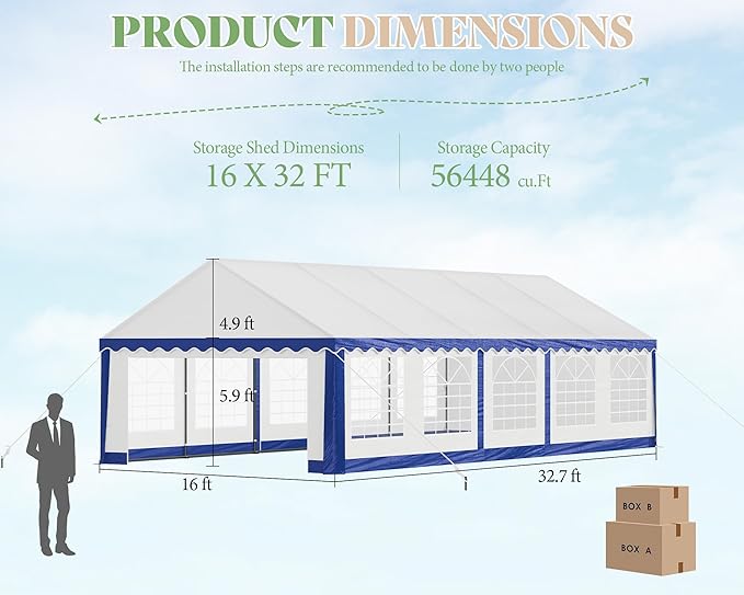 AMERLIFE 16 x 32 FT Party Tent with Rolled Sidewalls, Heavy Duty Wedding Tent for Party Outside with Zinc Alloy Tube & Spiral Stakes, Waterproof Event Shelters, White & Blue
