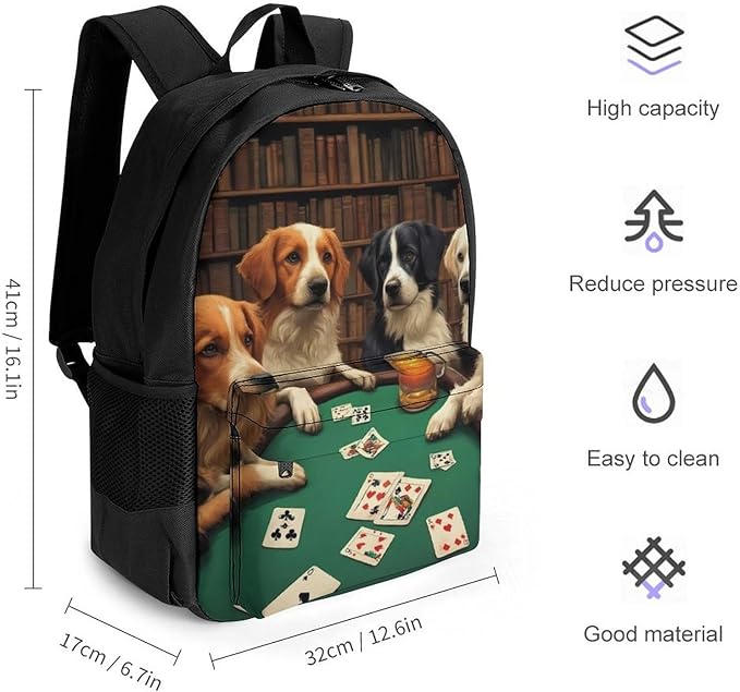 Men Women Polyester Dogs Playing Poker Cards Library Funny Dog Daypack Bookbag Big Capacity Shoulder Bag With Padded Straps for Climbing Travel Walking Cycling