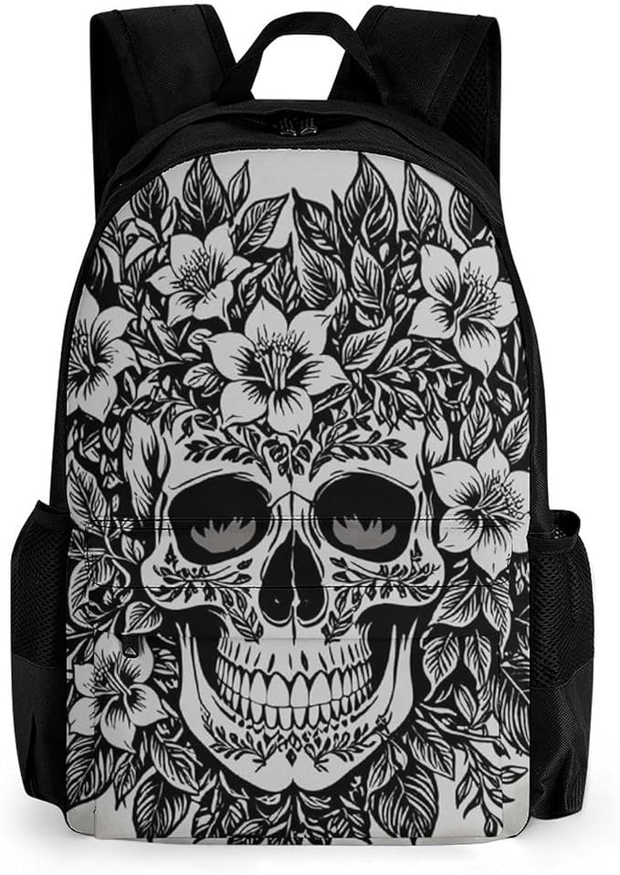 Men Women Lightweight Skull Head Black Daypack Bookbag Big Capacity Carry On Bag With Side Pockets for Camping Travel Bicycle