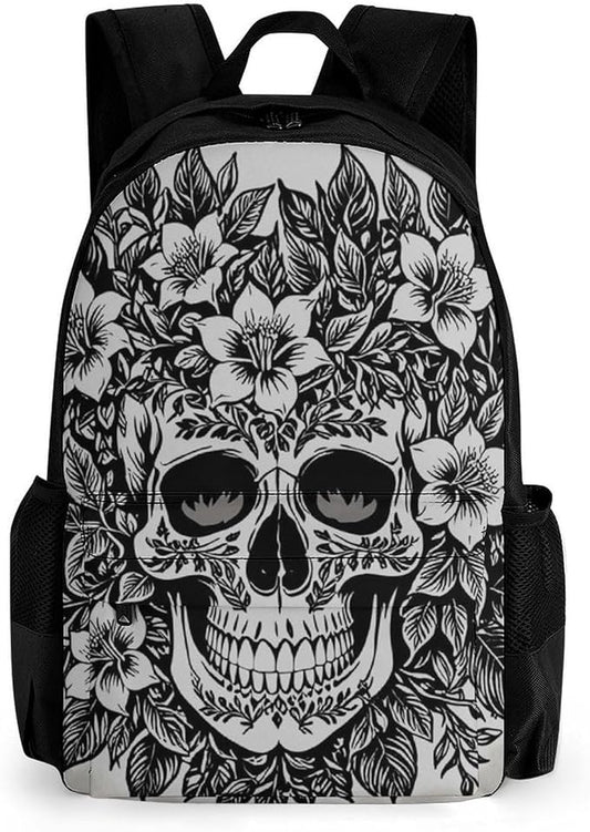 Men Women Lightweight Skull Head Black Daypack Bookbag Big Capacity Carry On Bag With Side Pockets for Camping Travel Bicycle