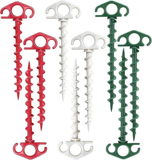 Tent Stakes Ground Anchors Screw in, 9 Pack Sand Stakes for Beach 9.4 Inch Heavy Duty Spiral Tent Pegs for Camping, Party, Hiking, Outdoor Decoration (9, Red+Green+White)