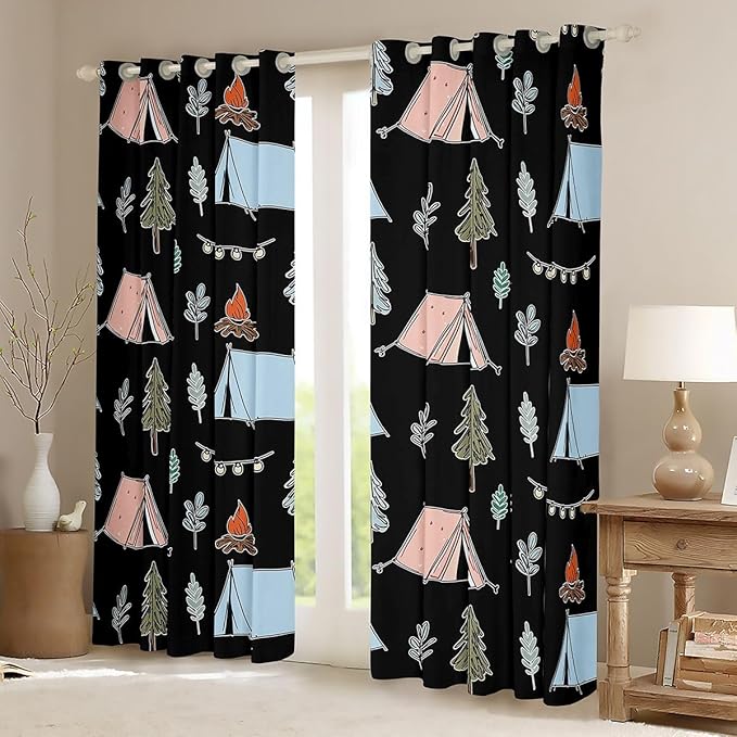 Feelyou Cute Black Camping Camper Curtains for Bedroom Living Room Campfire Tent Blackout Darkening Drapes Happy Camping Window Treatments, 2 Panels 38 x 54 Inch Room Decor