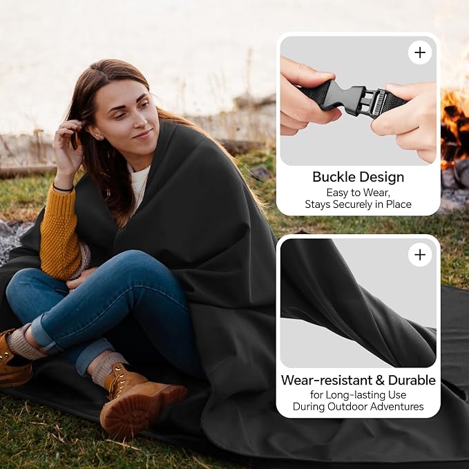 BEDELITE Large Waterproof Camping Blanket, Lightweight for Cold Weather, Foldable Fleece Stadium Blanket for Outdoor Sports, Windproof, Wearable, Machine Washable, 55" x 80",Black