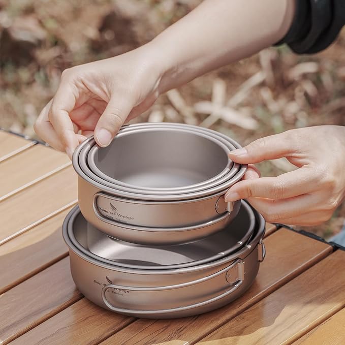 Boundless Voyage Titanium Bowls Dishes Set with Folding Handle Lightweight Portable Plates Saucers Tableware for Outdoor Camping Hiking Backpacking Ti1096T
