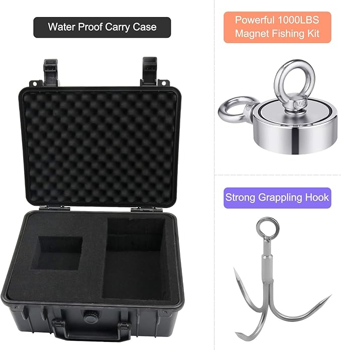 VNDUEEY 1000 LBS Fishing Magnet Kit, Magnet Fshing Kit-Includes Grappling Hook, Heavy Duty 65FT Rope, Gloves & Locking Carabiner - 2.95inch Diameter