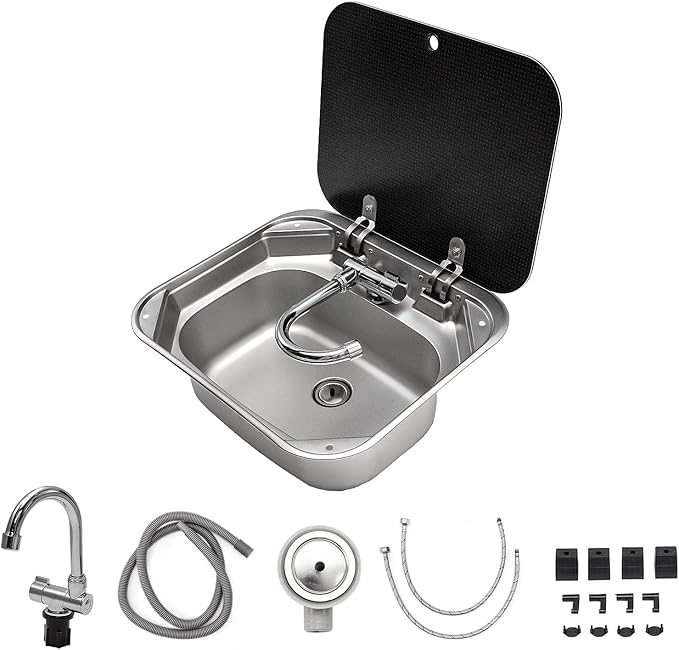 Portable RV Sink, 16.54×14.57×5.91 Inch Small Stainless Steel Bar Camping Sink with Folde Faucet and Tempered Glass Cover for Camper Trailer Caravan