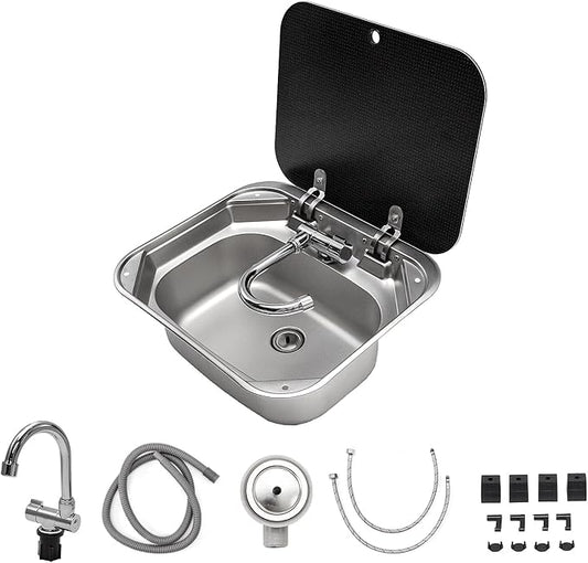 Portable RV Sink, 16.54×14.57×5.91 Inch Small Stainless Steel Bar Camping Sink with Folde Faucet and Tempered Glass Cover for Camper Trailer Caravan