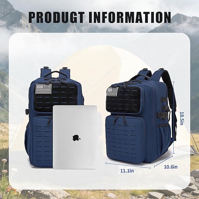 Wotony Military Tactical Backpack for Men Waterproof Daypack 3 Day Assault Pack Laser-Cut MOLLE Webbing Design with Water Bottle Holder Black Small Tactical Assault Bag (Blue, 35L)