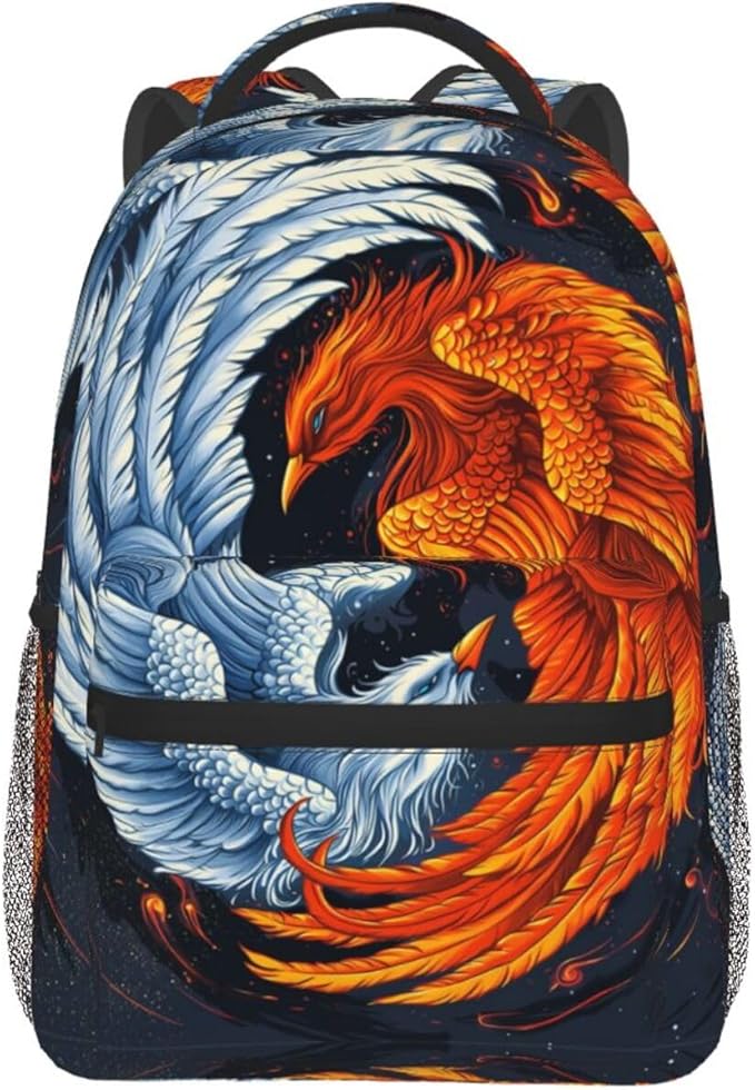 Men Women Polyester Ice Water Fire Flame Phoenix Bird Art Daypack Big Capacity Shoulder Bag With Adjustable Shoulder Straps for Camping Travel Walking Cycling