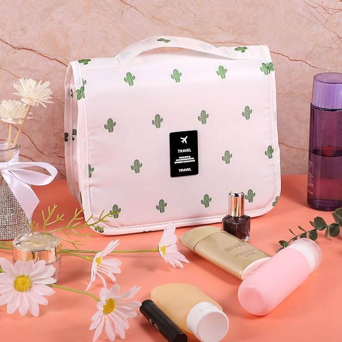 Pengxiaomei Toiletry Bag for Women, Waterproof Hanging Cosmetic Bag Portable Travel Makeup Pouch Multifunction Handle Bathroom Bag for Mothers Day Gifts (Cactus White)