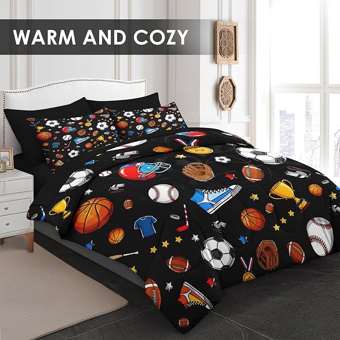 Comforter Set Twin Size, Basketball Football Baseball 5 Pcs Bedding for Kids and Adults, Hockey Soccer Sport Bed Sheet Sets with Fitted Sheet Pillowcase & Sham for Bedroom Bed Decor