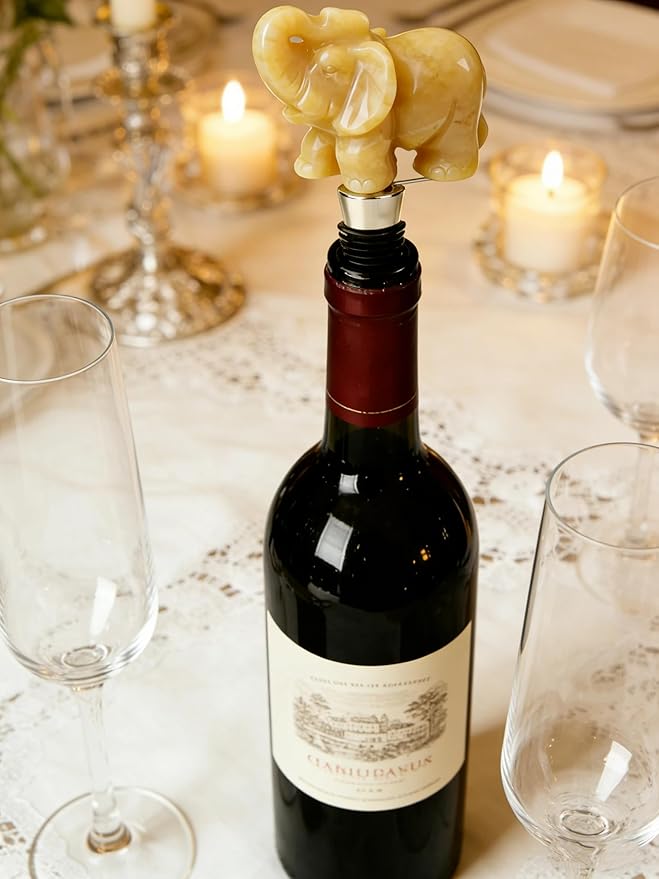 Homestia Gemstone Elephant Wine Stopper - Natural Crystal Champagne Preserver Airtight Bottle Sealer, Decorative Lucky Elephant Bottle Stopper for Wine Champagne Birthday Gifts Wedding Favors