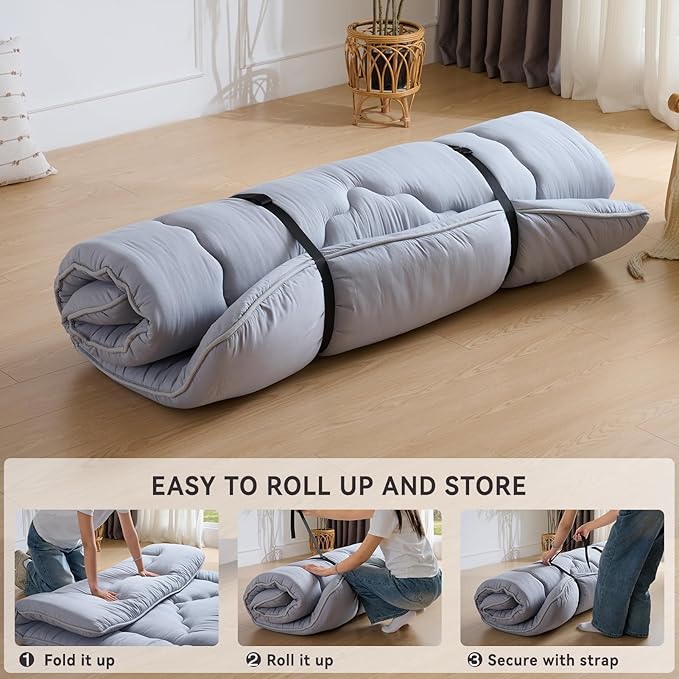 Japanese Floor Mattress, 3.5" Thicken Futon Mattress Tatami Mat, High Density Foam Support for Adult Kids Sleep, Portable Futon Sofa Bed for Camping, Pet Mat, Queen 80"x 60"（Silver Gray）