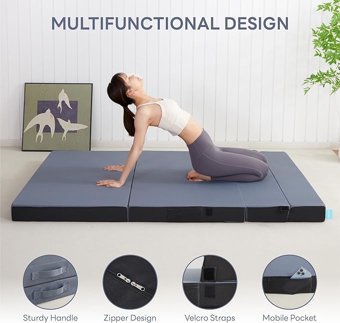 LIKIMIO Folding Mattress Twin XL, High Density Foam Mattress with Breathable and Washable Cover & Storage Bag, 4 Inch Foldable Mat Topper for Camping, RV and Yoga, Handle Design, Blue