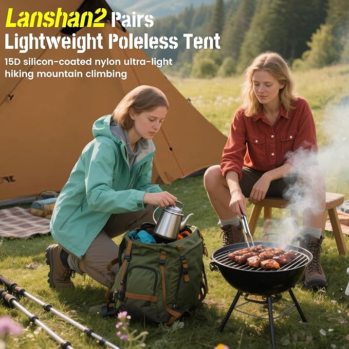 3F UL GEAR Lanshan 2 Person Tent Hiking Ultralight Camping Tent Professional 15D Silnylon Rodless Trekking Pole Tent Waterproof Backpacking Outdoor for Camping, Bivvy