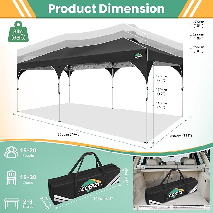COBIZI 10x20 Pop Up Canopy Tent with 4 Sidewalls, Instant One-Push Setup, Commercial Canopy with Air Vent & Reflective Strip, UPF 50+ Waterproof Party Tent with Sandbags & Stakes for Events (Black)