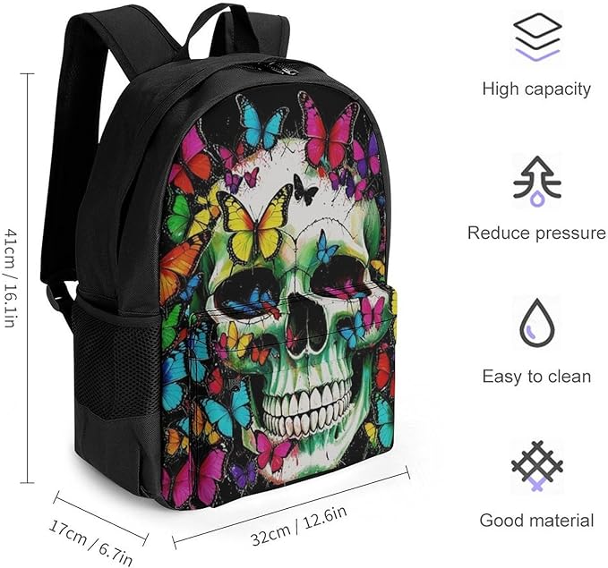 Daypack Backpack Anti-Theft Multipurpose Big Capacity Bookbag, Mexican Skulls Colorful Butterfly Business Computer Bag With Side Pockets