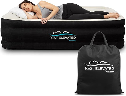 RestElevated Luxury Pillow Top Twin Size Air Mattress with Built in Pump | 20" Raised Height with Coil Beam Support | Adjustable Blow Up Air Bed | for Home, Guests and Camping [Black with Cream Top]