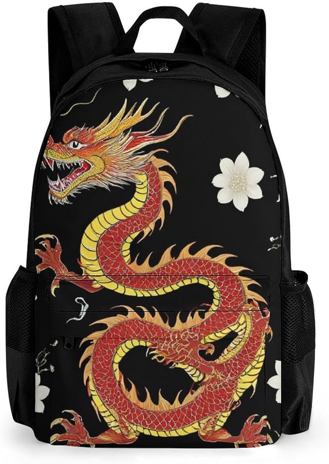 Supdreamc Men Women Polyester Floral Chinese Japanese Dragon Flower Daypack Big Capacity Shoulder Bag With Adjustable Shoulder Straps for Camping Travel Walking Cycling