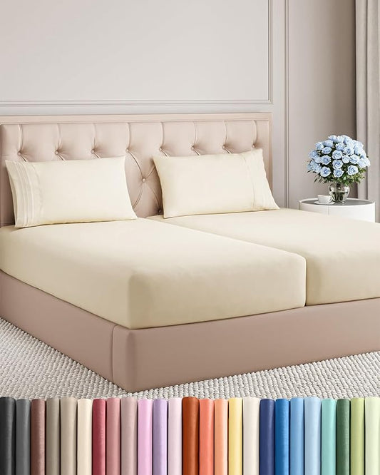 Split King Size 5 Piece Sheet Set - Comfy Breathable & Cooling Bed Sheets Set - Hotel Luxury Bedding for Women, Men, Kids, Teens, Boys & Girls - Deep Pockets, Soft, Wrinkle Free - Oeko-Tex - Off White