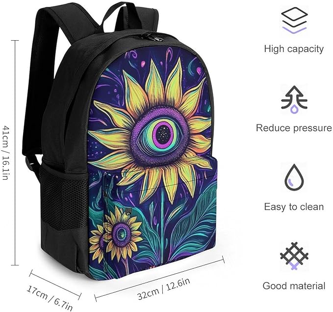Men Women Polyester Trippy Eyes Flower Sunflower Daypack Big Capacity Shoulder Bag With Smooth Zippers for Hiking Work Walking Cycling
