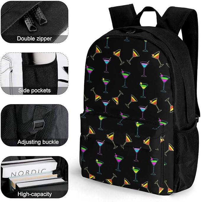 Supdreamc Polyester Daypack Backpack for Sports Travel Running, Big Capacity Anti-Theft Multipurpose Carry On Bag, Martini Evening Laptop Book Bag Rucksack