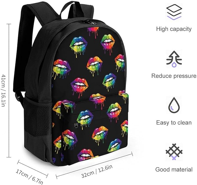 Polyester Daypack Backpack for Climbing Outdoors Running, Big Capacity Multipurpose Anti-Theft Bookbag, Lgbt Gay Homosexual Lesbian Rainbow Lips Pride Travel Hiking Camping Rucksack