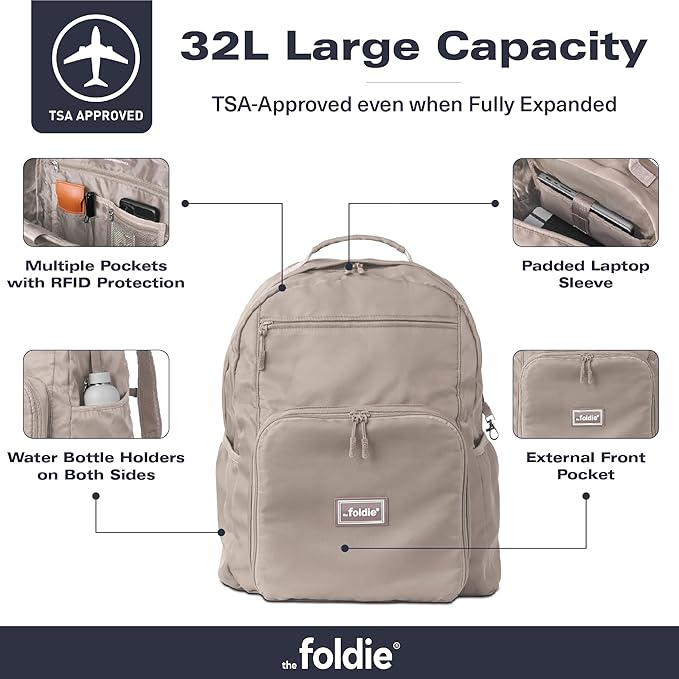 The Foldie Packable Backpack for Travel 32L - Lightweight Foldable Backpacks with Trolly Sleeve & RFID Protection - Water-repellent Casual Daypack Backpacks for Hiking, Camping & Gym - Beige