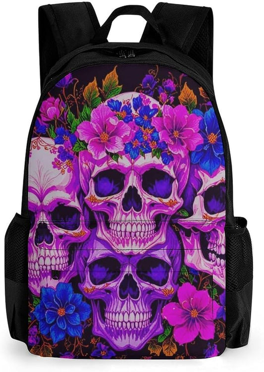 Adults Lightweight Purple Psychedelic Mexican Sugar Skulls Day Of The Dead Floral Flowers Shoulder Book Bags Big Capacity Shoulder Bag With Adjustable Shoulder Straps for Trekking Work Walking Cycling
