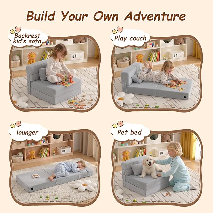 Folding Sofa Bed Mattress for Kids with Pillow, Toddler Washable Folding Floor Mat for Daycare, Child Fold Up Sofa Futon Chair Bed with Storage Bag for Playroom, Camping, Girls and Boys, Grey