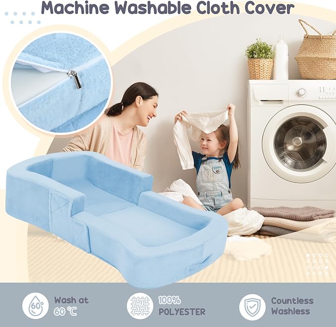 Toddler Travel Bed, 2-in-1 Foldable Portable Toddler Bed Sofa Chair, Soft Baby Kids Travel Floor Cot with Washable Covers Safety Foam Raised Bumper for Camping Hotel Sleeping (Blue)