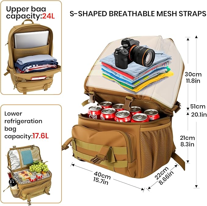 Tactical Cooler Backpack for Men, 41L Insulated Leakproof Lunch Backpack with 16” Laptop Compartment, Heavy Duty Double Deck Soft Cooler Bag for Work, Fishing, Camping, Hiking – Coyote Tan