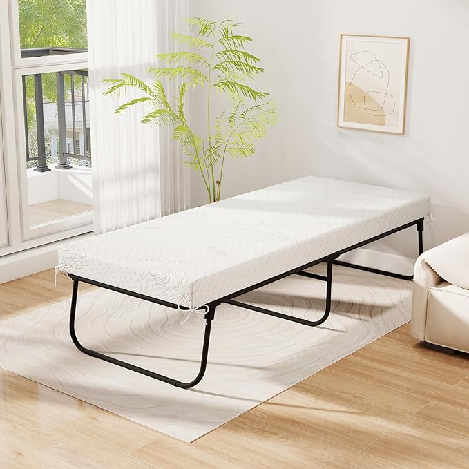 GOFLAME Folding Bed with Mattress Cot Size, 75” x 31” Rollaway Guest Bed Foldable with Memory Foam & Sturdy Metal Frame, Portable Roll Away Beds for Adults for Living Room, Office