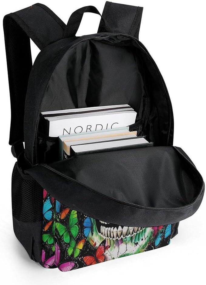 Men Women Polyester Mexican Skulls Colorful Butterfly Daypack Bookbag Big Capacity Shoulder Bag With Padded Straps for Climbing Travel Walking Cycling