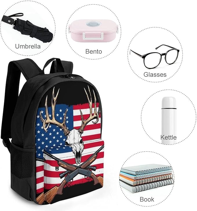Lightweight Daypack Bookbag for Trekking Business Walking Cycling, Big Capacity Anti-Theft Multipurpose Carry On Bag, Hunting Deer Usa American Flag Black Business Computer Bag