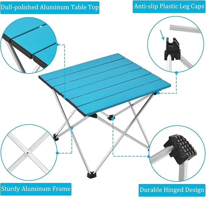 Grope Small Folding Camping Table with Aluminum Table Top, Beach Table for Sand with Carrying Bag,Prefect for Outdoor, Picnic, BBQ, Cooking, Festival (Deep Blue-M)
