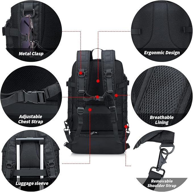 BERTASCHE Lunch Backpack for Men, 15.6 Inch Laptop Backpack for Work College Travel Camping Tactical Molle Daypack, Black