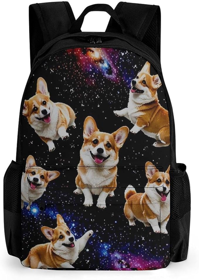 Polyester Daypack Bookbag for Gym Business Bicycle, Large Capacity Multipurpose Anti-Theft Carry On Bag, Galaxy Space Cute Corgi Running Travel Hiking Daypack