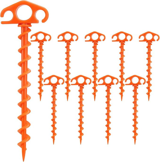 Tent Stakes Ground Anchors Screw in, 10 Pack Sand Stakes for Beach 9.4 Inch Heavy Duty Spiral Tent Pegs for Camping, Party, Hiking, Outdoor Decoration (10, Orange)