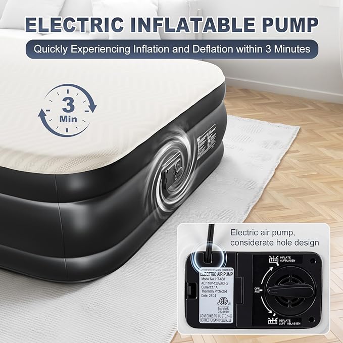 Outvita 18in Queen Air Mattress with Built-in Pump, Quick Assembly Comfort Blow Up Sleeping Mat for Guests and Home, Camping, Travel, Air Bed 650lbs Weight Capacity (80 * 60 * 18in)