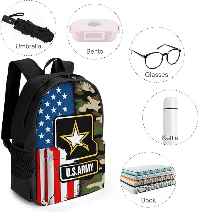 Lightweight Rucksacks for Camping Picnic Walking Cycling, Large Capacity Multipurpose Anti-Theft Carry On Bag, American Flag Army Green Camo Usa Retro Camouflage Travel Hiking Camping Rucksack