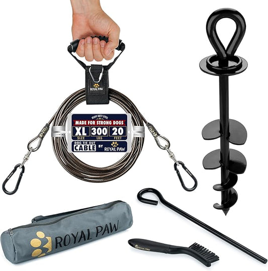 ROYAL PAW Dog Tie Out Cable and Stake 20ft - for Large Dogs up to 300 lbs - Heavy Duty Tether and Dog Stake for Yard, Beach & Camping Outside (Black, L/XL - 20ft)