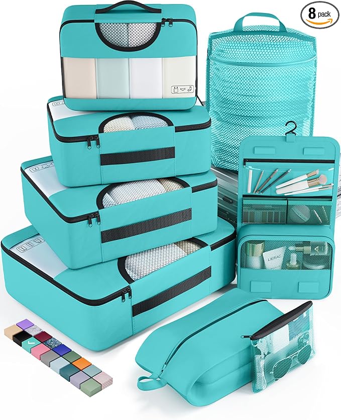 Veken 8 Set Packing Cubes for Travel Essentials, Suitcase Organizer Bags in 4 Sizes, Carry-On Luggage Accessories with Large Laundry & Hanging Toiletry Bag, Must-Have for Airplane, Road Trip & Camping